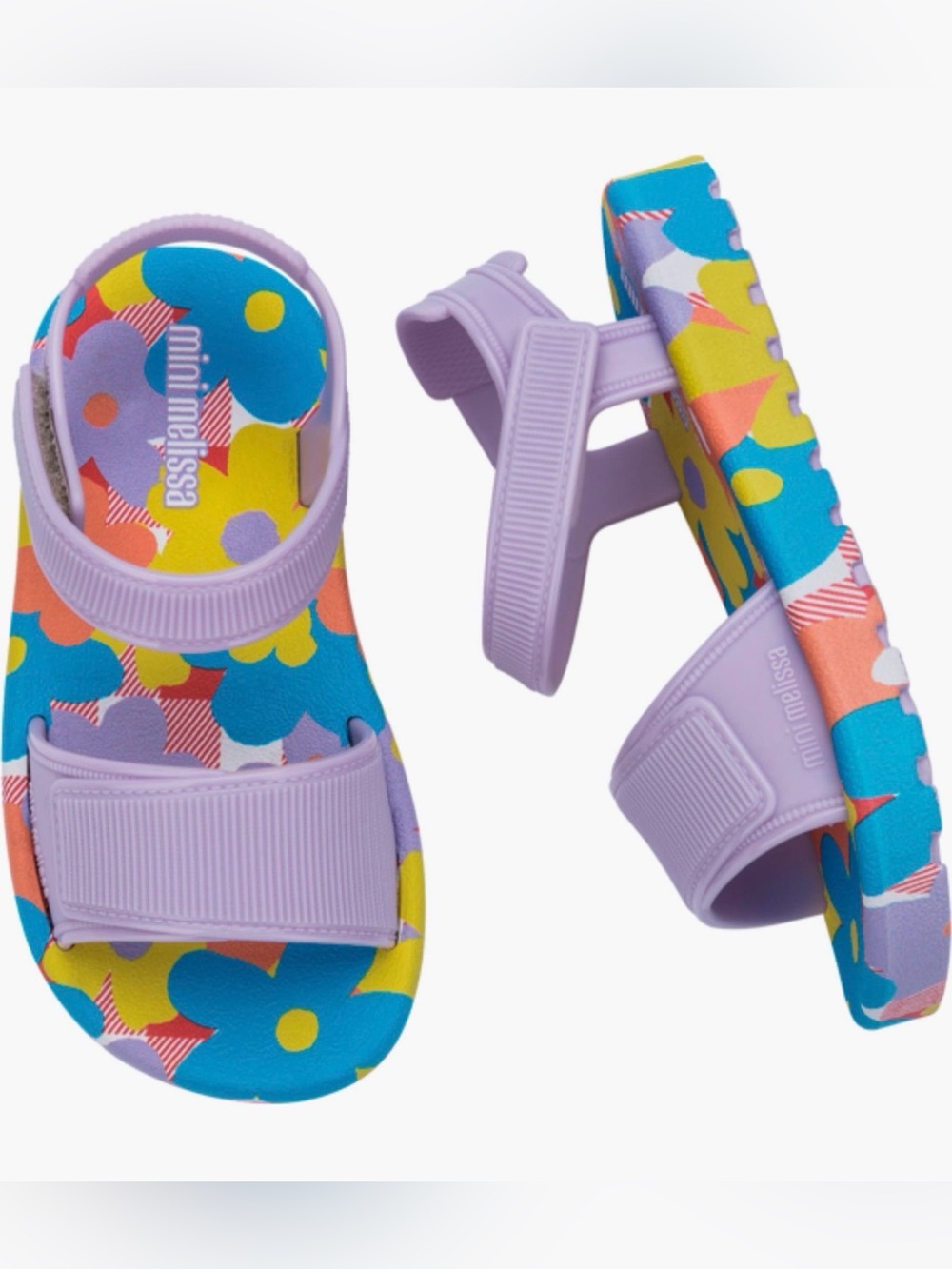 Mini Melissa Lilac Strap Sandals with Multi-Color Floral Footbed. Toddler 9